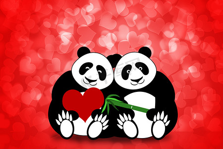 hearts摄影照片_Happy Valentines Day 熊猫 Couple Hearts 散景