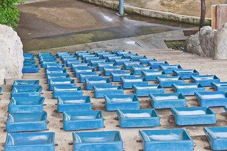 蓝色板凳摄影照片_体育场上的旧塑料蓝色座椅