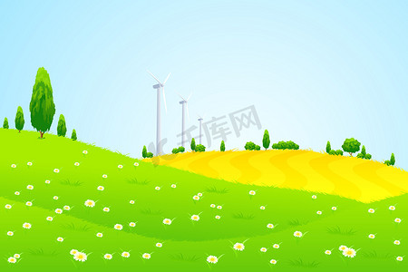 绿色风树叶摄影照片_绿色景观与风力发电站的树木和鲜花