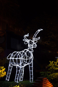 鹿黄色摄影照片_由电线和灯泡制成的发光驯鹿