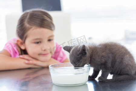 可爱动物爱心摄影照片_女孩看着小猫从碗里喝牛奶