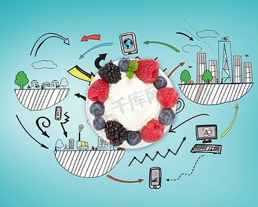蓝色水果手绘摄影照片_蛋白酥皮甜点与水果和奶油的合成图像