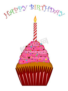 带粉色糖霜和蜡烛的生日快乐纸杯蛋糕