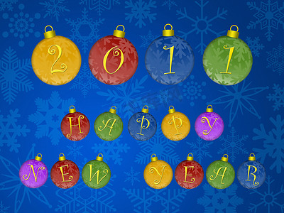 2011 年新年快乐五颜六色的装饰品蓝色背景