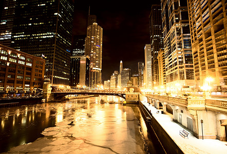 芝加哥市中心城市夜景摄影