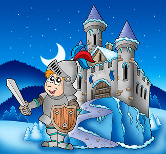 卡通勇敢摄影照片_城堡和骑士在冬天风景