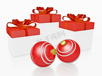 红色圣诞礼物和摆设球