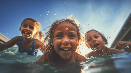海外摄影照片_3个小孩在游泳