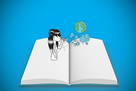 蓝色地球图案摄影照片_女孩在打开的书上吹地球泡泡的合成图像