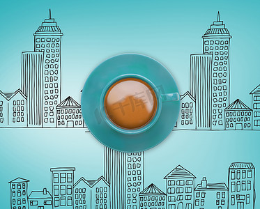 手绘蓝色城市摄影照片_蓝色咖啡杯的合成图像