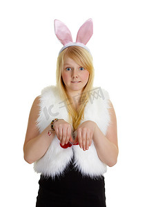 有粉红色兔子耳朵的滑稽小女孩