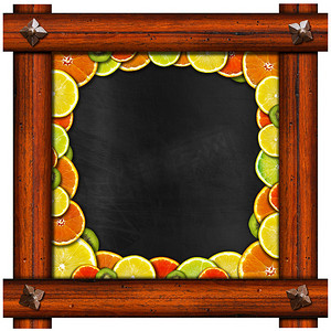 带木制框架和水果的黑板