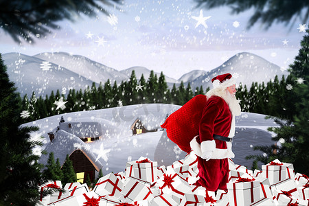 圣诞老人在礼物堆上行走的合成图像