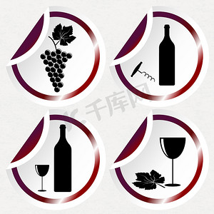 圆形推拉贴纸摄影照片_带有弧形角的圆形贴纸上的复古葡萄酒图标