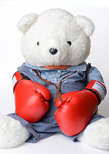 大白泰迪熊戴着拳击手套