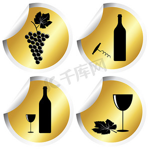 带有弧形角的金色圆形贴纸上的葡萄酒图标