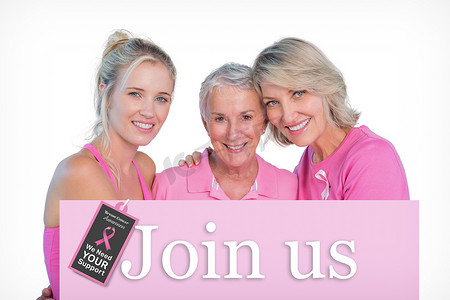 拥抱穿着粉红色上衣和丝带治疗乳腺癌的女性的合成图像