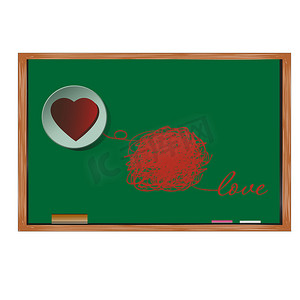 可爱的文字摄影照片_白色圆圈上的红心和黑板上的文字爱。