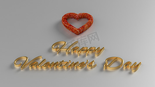 情人节快乐 3D 渲染，带有金色文字和红色心形