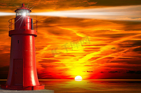 日落时带光束的红色灯塔