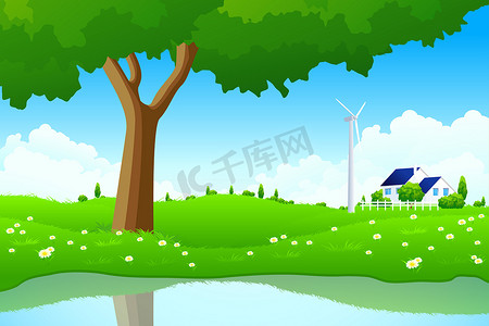 绿色景观与树风力发电站和房子