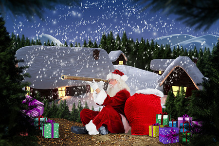 树木房子人摄影照片_通过望远镜看圣诞老人的合成图像