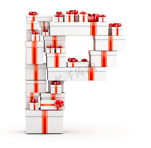 用红丝带装饰的礼品盒中的字母 P