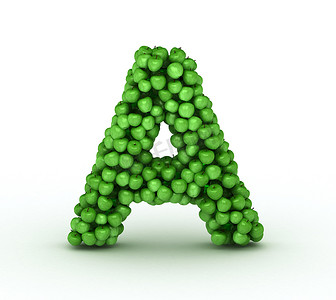 字母 A，来自分散的绿色新鲜苹果