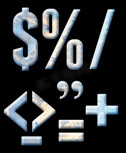 标点符号字体摄影照片_冻结的字母表、数字和标点符号。