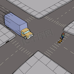 卡车超速行驶和街上行人