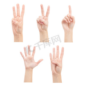 正五角星白色摄影照片_数数女人的手（1 到 5）在白色背景下被隔离