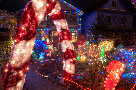 有许多五颜六色的圣诞灯的房子