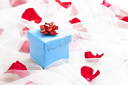 婚礼面纱上有红色蝴蝶结的蓝色礼盒