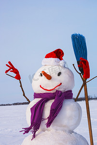 冬天手工雪人摄影照片_在一个多雪的领域的孤独的雪人