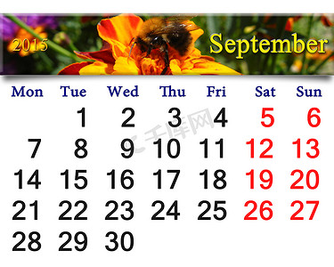 大红色的花摄影照片_2015 年 9 月与大黄蜂的日历
