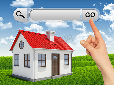 房屋和女性手在上方的搜索栏中按下“Go”按钮
