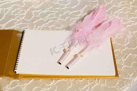 婚礼登记簿和羽毛笔的照片。