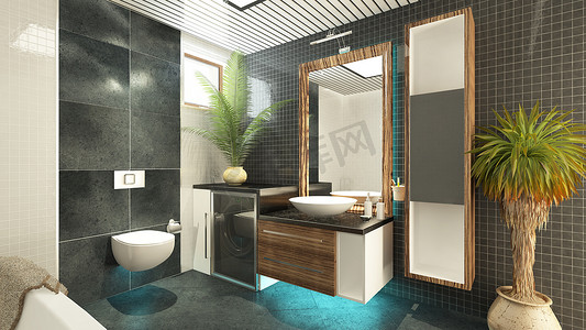 厕所镜子摄影照片_浴室设计 3d 渲染