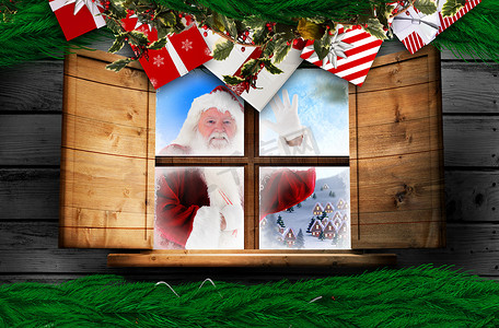 圣诞老人送礼物到村庄的合成图像