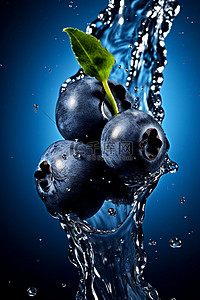 蓝莓水果与液体碰撞瞬间液体飞溅摄影图