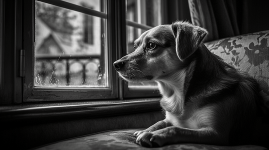 发呆动物摄影照片_望着窗外的小狗