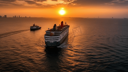 夕阳里在大海中行驶的轮船