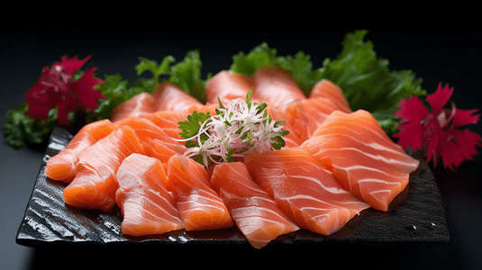手绘日本料理摄影照片_三文鱼生鱼片日本料理