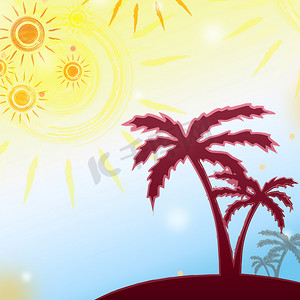 夏天椰子树摄影照片_与黄色太阳和棕色棕榈的夏天背景