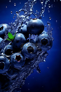 蓝莓水果与液体碰撞瞬间液体飞溅摄影图