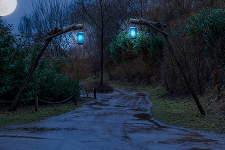 大气公路摄影照片_夜间泥泞的林道，木杆上挂着灯笼，幻想或阴森森的场景