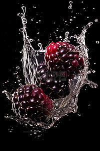 桑葚水果与液体碰撞瞬间液体飞溅摄影图