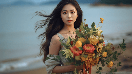 一位身穿浅色连衣裙并在海边手捧鲜花的亚洲女性