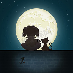 坐在墙上看月亮的小女孩