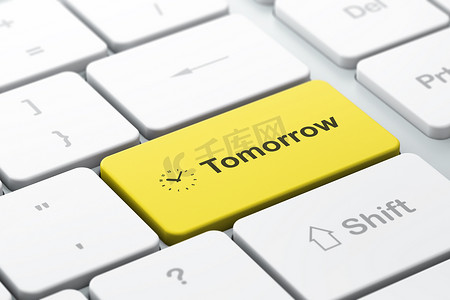 时间概念：时钟和明天在计算机键盘背景
